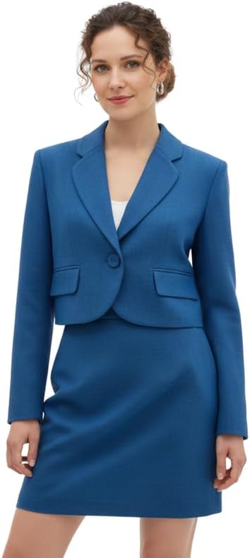 Business Skirt Suit Set for Women Blue 2 Piece Notch Lapel 1 Button Blazer and Pencil Skirt with Pockets