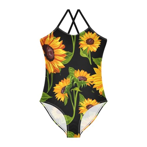CHIFIGNO Sunflowers Black Swimsuits for Girls One Piece, Quick Dry Crossback Kid Swimsuit for Beach 3T