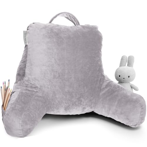 Clara Clark Reading Pillow for Kids & Teens with Shredded Memory Foam, Backrest Pillows for Reading, Watching, and Gaming, Use on Couch, Bed, or Floor, Adjustable Support, Washable Cover Grey Lavender