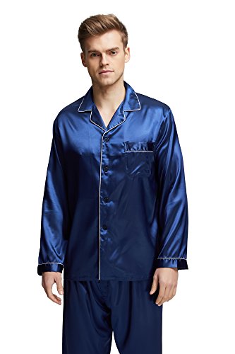 TONY & CANDICE Men's Classic Satin Pajama Set Sleepwear (XX-Large, Blue with White Piping) - Thumbnail 5
