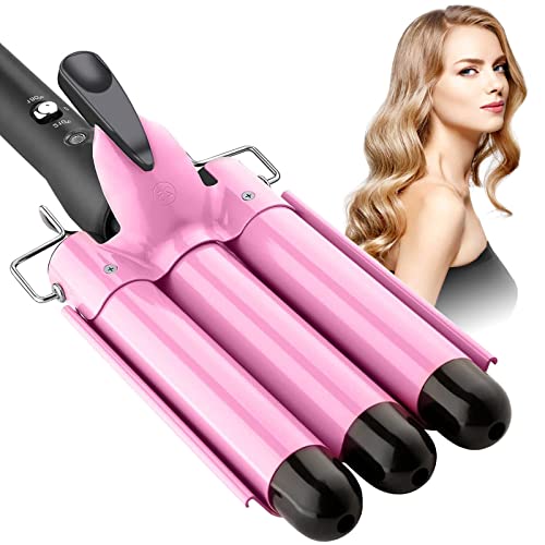 Welleneisen für haare 25mm Lockenstab 3 Fässer, wellenstab haar mit Einstellbarer Temperatur welleisen Schnelle Heizung die das nicht verletzen Lange/kurze, Pink
