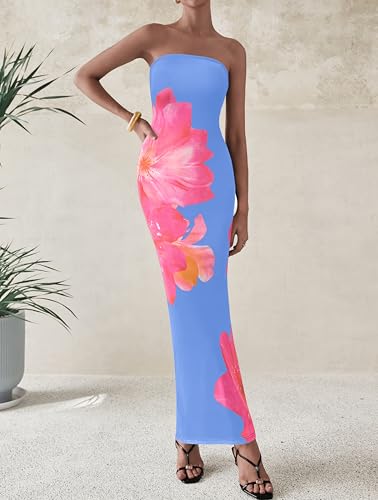 Image of PRETTYGARDEN Women Summer Strapless Maxi Dress Bodycon Floral Sexy Long Wedding Guest Dress Formal Tube Mesh Cocktail Dresses