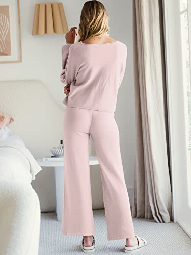 Anrabess Women’s Two Piece Sweatsuit Long Sleeve Crewneck Crop Top And Wide Leg Pants Matching Lounge Set Knit Sweater Outfits Cozy Clothes Set 558Danfen-L Pink #TOP5