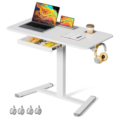 Image of Mobile Standing Desk with Drawer, 40 inchx24 inch Small Standing Desk with Cup Holder, Rolling Laptop Workstaion on Wheels, Height Adjustable Table with Storage for Home Office, White