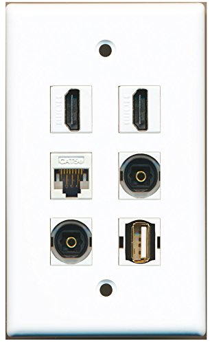 RiteAV - 2 porty HDMI 1 USB A-A 2 porty Toslink 1 port Cat5e Ethernet biała płyta ścienna