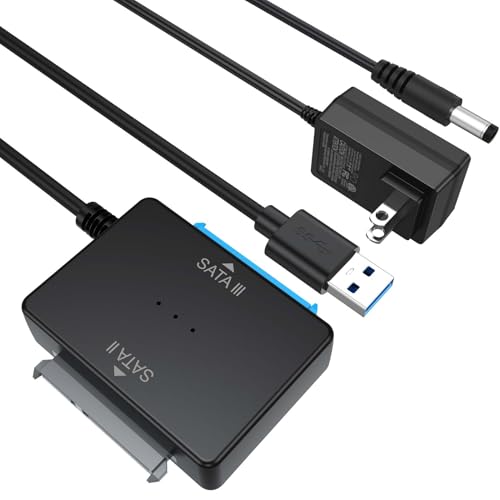 SATA to USB Adapter with Power Supply, Hard Drive Reader HDD Duplicator 5Gbps Data Transfer Recovery Converter for Seagate WD Hitachi Toshiba Internal 2.5'' SSD 3.5'' HDD, Up to 20TB, Support UASP