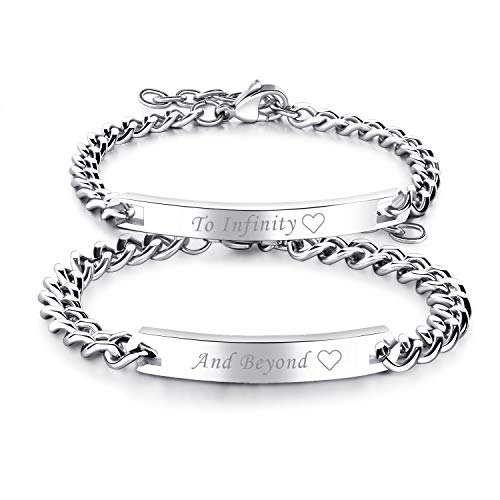 Cupimatch 2pcs His and Hers Couple Bracelets Set Adjustable Titanium Stainless Steel To Infinity And Beyond Love Matching Bracelet Link Jewelry Set Silver