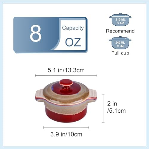LOVECASA Ceramiczne Ramekins z pokrywkami, 240 ml / 8 uncji naczynia do sufletu do kremowego brulee, lodów i sufletów, czerwone i szare, zestaw 4 szt