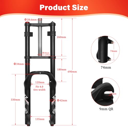 ZTZ 20 * 4.0 inch Fat Tire Oil Spring Suspension Fork - 180mm Travel, 135mm Spacing Hub, 9mm QR, Double Crown Shock Front Fork, Fit for Fat Snow Beach Ebikes by ZTZ - Image 3