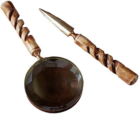 India Handicrafts 20326 Antler Bone Swirl Design Handles Brown 10 Inch Magnifying Hand-Held Reading Glass and Letter Opener Set image 2