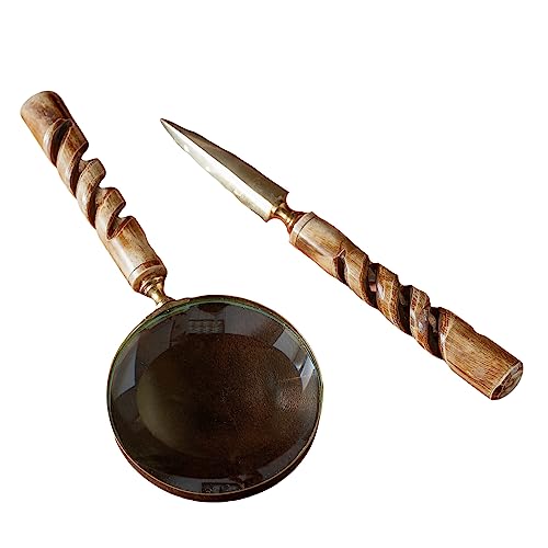 India Handicrafts 20326 Antler Bone Swirl Design Handles Brown 10 Inch Magnifying Hand-Held Reading Glass and Letter Opener Set