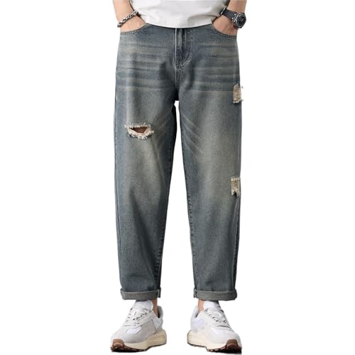 Baggy Straight Leg Ripped Jeans for Men Distressed Vintage Denim Pant Loose Ankle Length Harem Skater Street Jeans