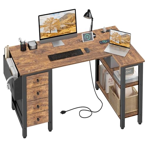 Lufeiya L Shaped Desk with Drawers & Storage Shelves, 47 Inch Small Reversible Corner Desk with Power Outlet for Home Office Bedroom, L-Shaped Gaming PC Computer Desks with Fabric Drawer, Rustic Brown