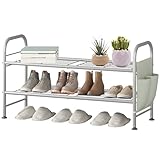 SORCEDAS Shoe Rack 2 Tier Shoe Storage Organizer Metal with Side Pockets for Entryway,Closet,Grey