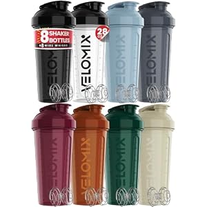 VELOMIX 8 Pack 28oz Protein Shaker Bottle for Protein Mixes, Midnight Black | 8x Wire Whisk, Leak Proof Shaker Cups for Protein Shakes, Stackable, Multipack Value Set for Home, Gym, Office and Car
