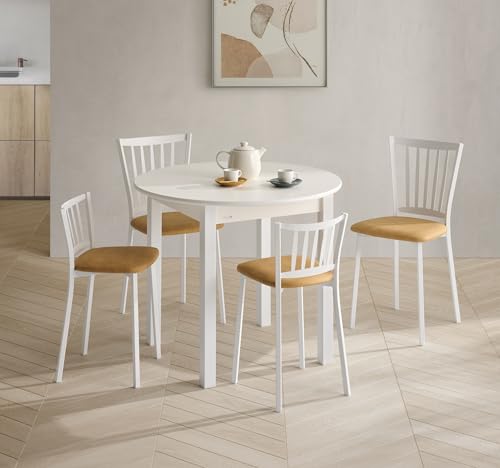 V VELASCO Mesa Isla de Cocina Redonda Extensible | Mesa Comedor Pequeña de 90 cm Diámetro (Abierta 115x90 cm) | Encimera y Estructura de Madera Laminada con Patas Metálicas | Color Blanco