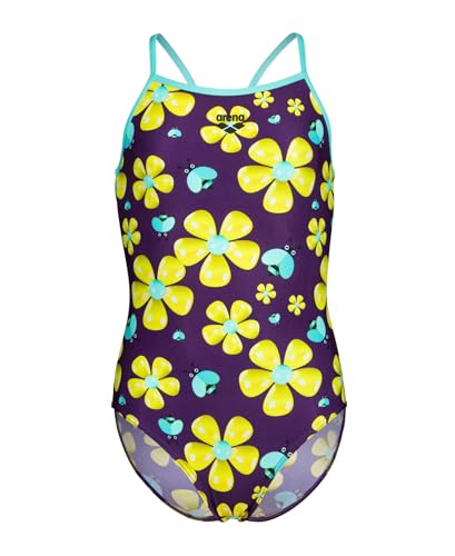 ARENA Performance Girls' Junior Spring Light Drop Back Swimsuit Polyester One Piece Easy Wear Youth Pool Bathing Suit Quick Drying Long Lasting, Plum Multi Purple/Water Blue, US Size 6Y/24