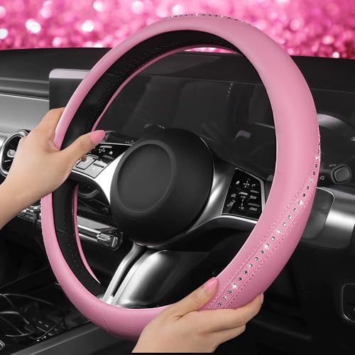 CAR PASS Bling Diamond Pink Leather Steering Wheel Cover, Studded Shining Rhinestones Universal Fit 14" 1/2-15" Glitter Sparkly Crystal Fit for Women Girl SUV,Vans,Sedans,Car,Trucks, Pink Diamond by CAR PASS - Used condition - Image 2