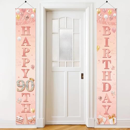 90th Birthday Decorations Banner for Her - Happy 90th Birthday Party Door Porch Sign, Rose Gold Door Banners for Ninety Years Old Party Decoration Supplies