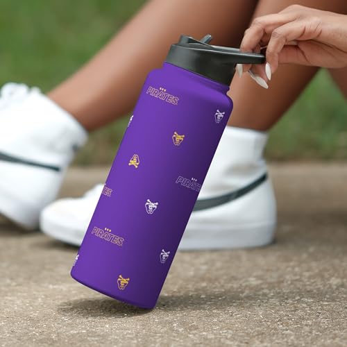 Image of Logo Brands NCAA East Carolina Pirates Step & Repeat 34 oz Stainless Steel Quencher Bottle - All Over Logo Design, No-Spill Lid, Easy Carry Handle - Keeps Drinks Cold For Hours