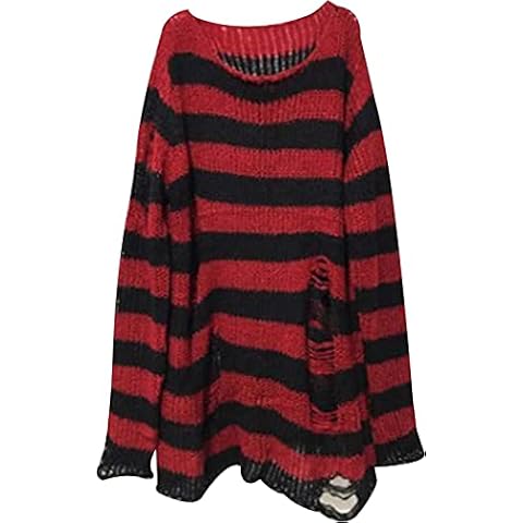 Y2K Oversized Goth Punk Ripped Striped Long Sleeve Pullover Sweater Fairy Grunge Distressed Emo Streetwear Tops Clothes, Red, One Size Cover