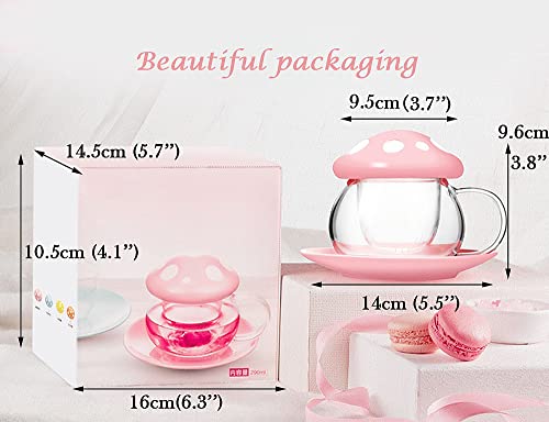 Rain House Glass Tea Cup Cute Mushroom Mug With Mushroom Spoon, Tea Cups With Infuser Strainer Filter, Clear Teapot With Ceramic Lid Coaster, Heat Resistant For Home And Office 290Ml 9.6Oz (Pink) #TOP5
