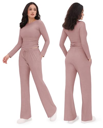 Image of ZOOSIXX Lounge Sets for Women - 2 Piece Outfits Crop Tops with Fold Over Flare Leggings Fall Loungewear Fitted Pajama