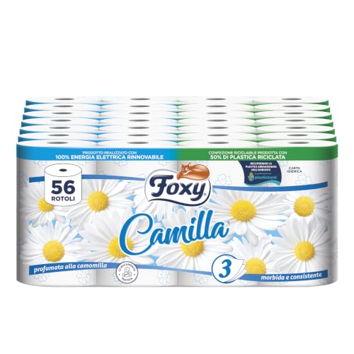 Foxy Camilla | Carta igienica 3 veli profumata alla camomilla | 56 rotoli | 160 strappi per rotolo | Carta certificata PEFC | Confezione riciclabile