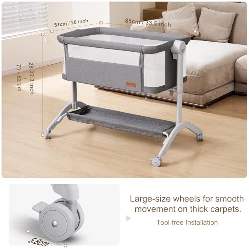 Taylengrow Baby Bassinet Bedside Sleeper - All-Mesh Design, Portable Bedside Bassinet for Baby with Washable Mattress, 5 Adjustable Heights (Grey) - Thumbnail 7