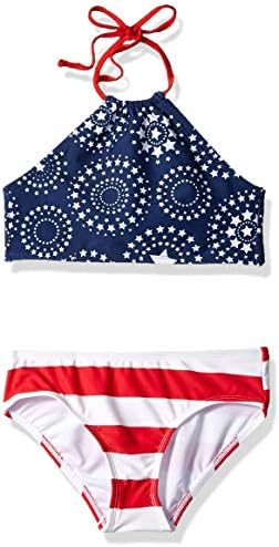 Kanu Surf Girls' Mahina UPF 50+ Beach Sport Halter Bikini 2-Piece Swimsuit, USA American Flag Bandana, 14