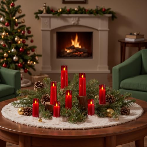 Image of Homemory Decorative Flameless Candles, Battery Operated Candles with Remote & Timer, Flickering Led Pillar Candles, Plexiglass, Red, Pack of 9, D2.2 xH 5 inch 6 inch 7 inch