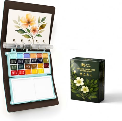 Mini Travel Watercolour Sketchbook Set - 24 Colours Pocket Paint Box (18 Standard & 6 Metallic) with Refillable 300gsm Black & White Paper - PU Leather Urban Sketching Journal & Water Brush Gift