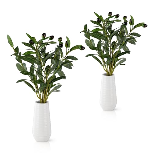 PASCH® 2er Set Olivenzweige künstlich in weißen Keramikvasen (34cm): Realistische künstliche Zweige Deko | Dekozweige | Kunstblumen im Topf | Künstliche Blumen im Topf: Olivenzweig | Kunstzweige