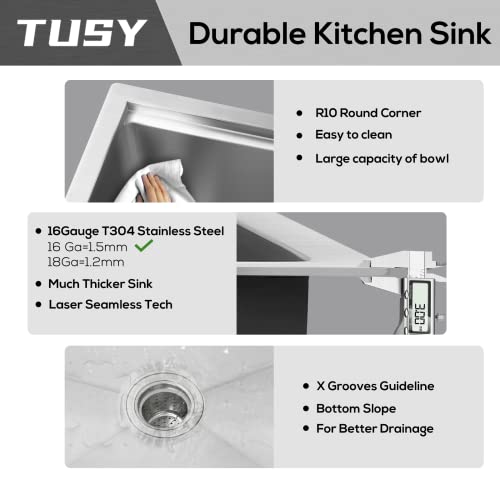 TUSY 30 Inch Workstation Ledge Undermount, 16 Gauge Stainless Steel Kitchen Sink, T-304 Grade Single Bowl with Accessories