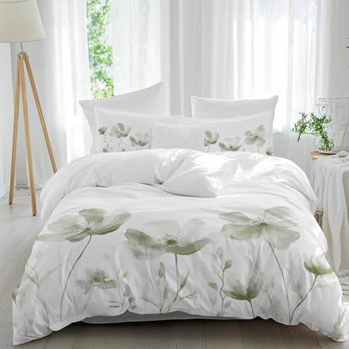 Chees D Zone Duvet Cover Sets Sage Green Flower on White,3 Pieces Bedding Set Ultra Soft Microfiber Quilt Covers and Pillowcase for Bedroom, Still Life Floral Bed Set All Seasons Use