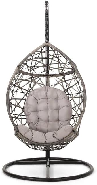 Hanging Egg Chair Rattan Wicker Hammock Swing Chair with Stand and Comfortable Cushion for Outdoor Patio Porch Indoor Bedroom 80'' H X 44'' W X 44'' D. (White/Blue)