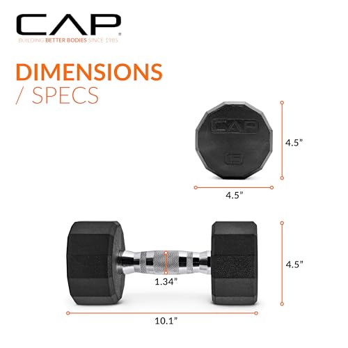 Image of CAP Rubber Coated Dumbbell Weights, Free Weights for Home Gym Strength Training, Anti-Roll Hex Dumbbells with Black, Chrome & Comfort Grip Handles, Singles