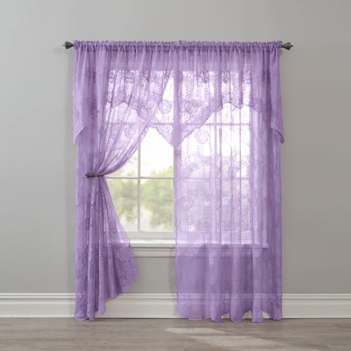 BrylaneHome Ella Floral Lace Panel with Attached Valance - 58\" W 84\" L, White