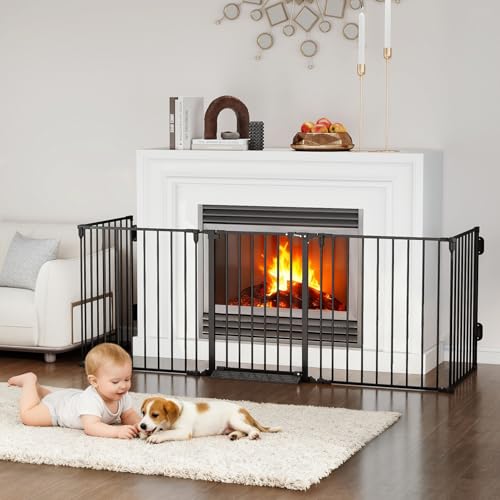Cideny 127.5' Extra Wide Baby Gate for Fireplace Christmas Tree, Configurable 5 Metal Panels Baby Fence, Child Gate for Wide Openings with Anti-Trip Pedal, Long Kid Gate for Dog Pet, 28'' Tall Black
