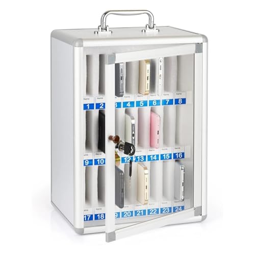 Image of Cell Phone Storage Box 12-60 Slot Mobile Phone Storage Cabinet Aluminum Alloy Phone Lock Box Wall Mounted for School Factory Company(Silver-B,24)