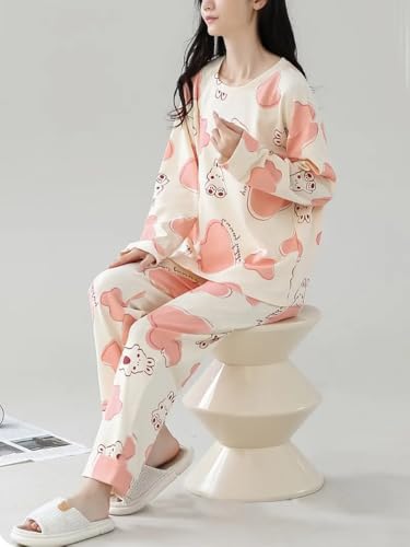 Image of GLASGO Women's Cotton Pajama Set with Top & Pants|| Korean Night Wear|| Loose Fit Home Wear || Lightweight Printed Set || Soft & Comfy Sleepwear for Girls & Women || LNS-4-$