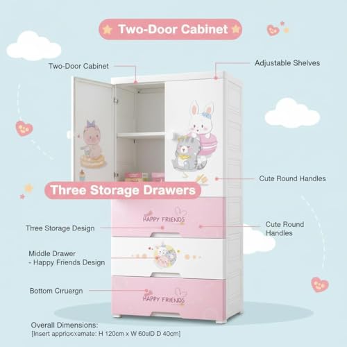 Image of Kids Plastic Wardrobe for Clothes Storage | Baby Cupboard & Almirah with Hanging Rod & Shelves | Portable Collapsible Storage Cabinet for Bedroom | Cartoon Kids Wardrobe