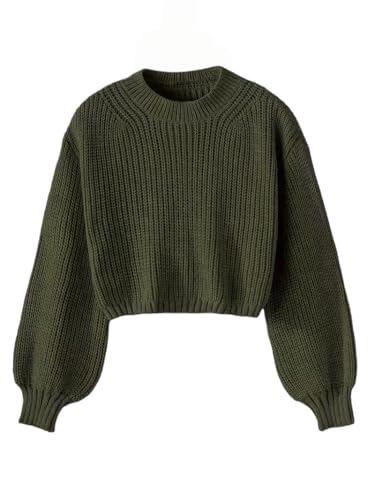 Chunky Knit Cropped Sweater, Olive Green, Ribbed Cotton Blend, Balloon