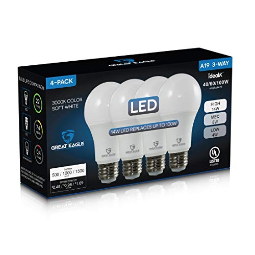 Great Eagle Lighting Corporation 40/60/100W Equivalent 3-Way A19 Led Light Bulb 3000K Soft White Color (4-Pack) #TOP3