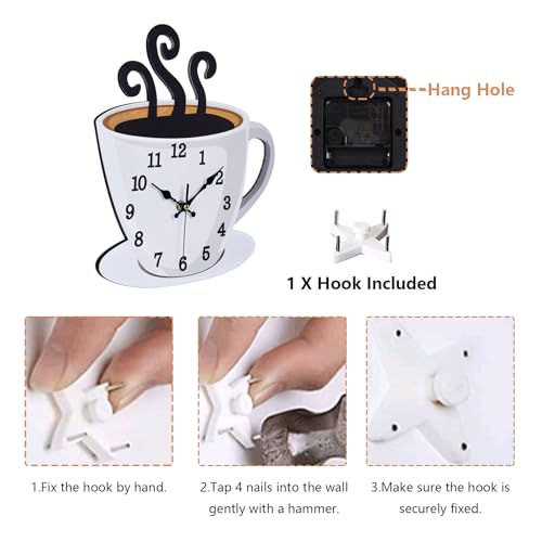 Fomaris Coffee Cup Wall Clock - White Modern Farmhouse Decor, Silent Non-Ticking Battery Operated Kitchen Clock for Coffee Bar, Cafe & Restaurant, 10.2x12 Inch