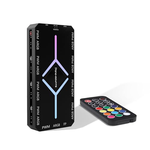 PWM & ARGB Fan Hub - 1 to 9 Ports ARGB Fan Splitter Controller Magnetic with Remote for 5V 3-Pin Addressable PC Computer Case Fans SATA Powered (Black)