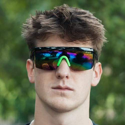 Image of ShadyVEU Semi Rimless Neon Rainbow Sunglasses Mirrored Lens UV Protection 80s Retro Rave Shades Crooked ZigZag Bolt Arm