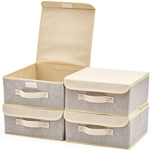EZOWare 4-Pack Small Foldable Fabric Storage Boxes, Collapsible Half Cube Storage Baskets with Lids for Nursery, Closet, Bedroom (26.7 x 26.7 x 12.7 cm) - Gray & Cream Beige