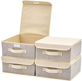 EZOWare 4-Pack Small Foldable Fabric Storage Boxes, Collapsible Half Cube Storage Baskets with Lids for Nursery, Closet, Bedroom (26.7 x 26.7 x 12.7 cm) - Gray & Cream Beige