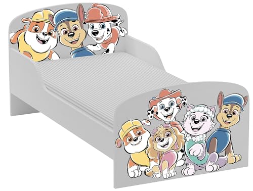 Leomark Lit d'enfant Paw Patrol La Pat' Patrouille avec Chase, Stella et Leurs Amis – Lattes + Matelas Inclus, Lit Simple 70x140 cm Confort Optimal et Sécurité Assurée !